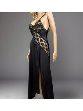 Vintage Jessica Lynn Black Nylon Nightgown XS Lace Low Back Goth Glamour USA